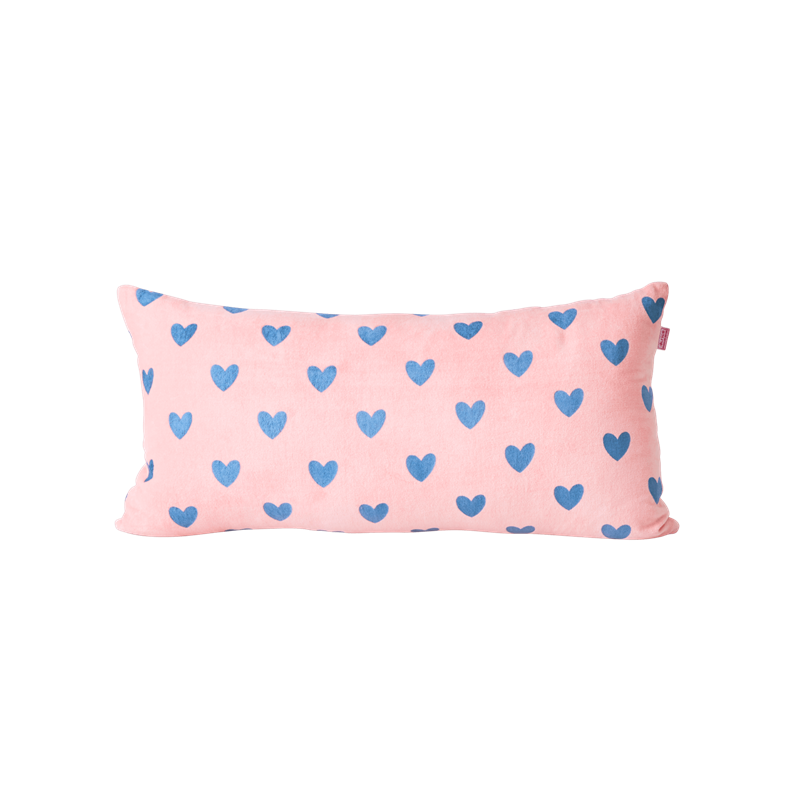 Pink Velvet Cushion with Blue Hearts By Rice DK